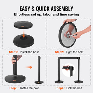 Crowd Control Stanchion Set | 2 Black Retractable Belt Posts | Carbon Steel Queue Barriers for Exhibitions, Events, Airports