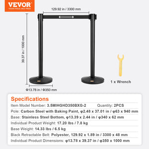 Crowd Control Stanchion Set | 2 Black Retractable Belt Posts | Carbon Steel Queue Barriers for Exhibitions, Events, Airports