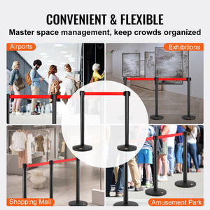 Crowd Control Stanchion Set | 2 Carbon Steel Posts with 11ft Red Retractable Belts