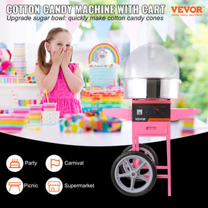 Cotton Candy Machine 1000W with Cart & Cover | Commercial Sugar Floss Maker for Parties