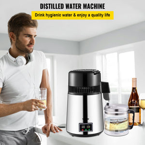 Water Distiller 1.1 Gal | 750W Countertop Distiller with Glass Carafe, Timer & Filters | Stainless Steel