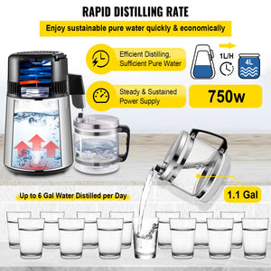 Water Distiller 1.1 Gal | 750W Countertop Distiller with Glass Carafe, Timer & Filters | Stainless Steel