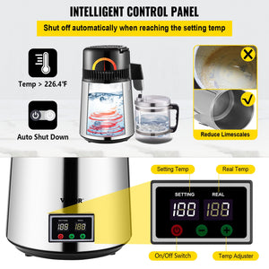 Water Distiller 1.1 Gal | 750W Countertop Distiller with Glass Carafe, Timer & Filters | Stainless Steel