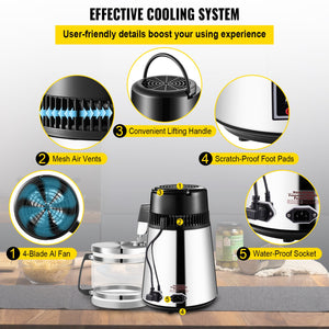 Water Distiller 1.1 Gal | 750W Countertop Distiller with Glass Carafe, Timer & Filters | Stainless Steel