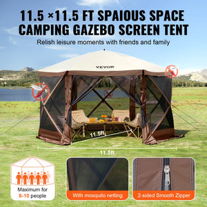 Pop-Up Gazebo Tent 11.5x11.5FT | 6-Sided Canopy with Mesh Windows & Privacy Walls | Quick Set Mosquito Shelter | Brown