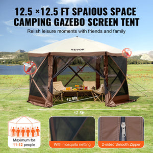 Pop-Up Gazebo Tent 12.5x12.5FT | 6-Sided Canopy with Mesh Windows & Privacy Walls | Quick-Set Mosquito Shelter | Brown