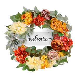Decorative Wreath | 60cm Hydrangeas & Roses | Red, Orange & Yellow