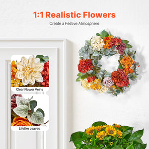 Decorative Wreath | 60cm Hydrangeas & Roses | Red, Orange & Yellow