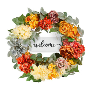 Decorative Wreath | 60cm Hydrangeas & Roses | Red, Orange & Yellow