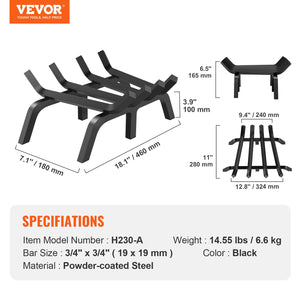Fireplace Log Grate 18" | Heavy Duty Steel with 6 Support Legs | Indoor & Outdoor Firewood Rack