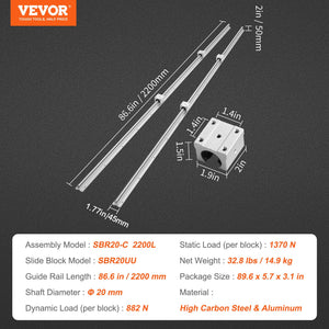 Linear Guide Rail Set SBR20 2200mm | 2 Rails + 4 SBR20UU Blocks | CNC Router & Automation Kit