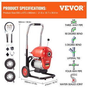 Drain Cleaner Machine | 120ft x 6/5" Sectional Snake Auger | Manual Feed