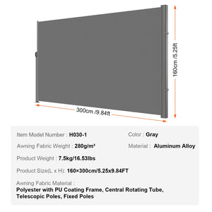 Retractable Side Awning 160x300cm | Aluminium Outdoor Privacy Screen | Waterproof UV30+ Patio Divider | Grey