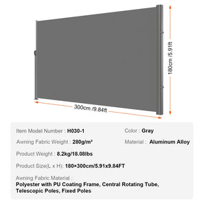Retractable Side Awning | 180x300cm Gray Aluminum Privacy Screen | Waterproof UV30+ Patio, Balcony Divider