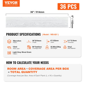 Self-Adhesive Vinyl Floor Tiles 36"x6" | 36 Pack 2.5mm Thick | Light Gray Wood Grain