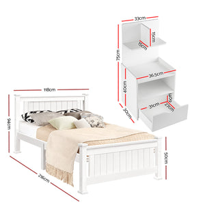 King Single Bed & Side Table Set | White Finish | Bedroom Set B