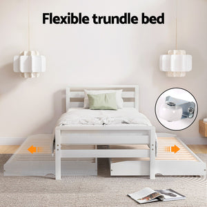 Artiss Bed Frame Single Size 2-in-1 Trundle Wooden White AVIS