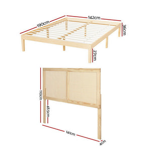 Double Bed Frame | Rattan Headboard | Wooden Bed Base | BRUNO