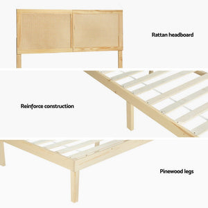 Queen Bed Frame | Rattan Headboard | Wooden Bed Base | BRUNO