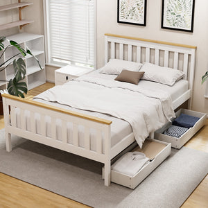 Double Bed Frame | Wooden Platform with 2 Storage Drawers | White PONY Design