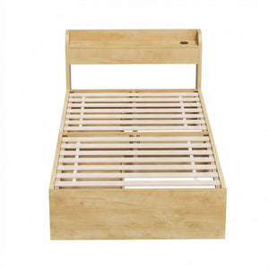 Artiss King Single Bed Frame with 2 Drawers Platform Bed with Headboard Bed Base with USB Ports Natural