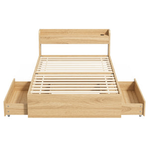 Single Bed Frame | 2 Storage Drawers | USB Ports | Wooden Slat Base | Natural