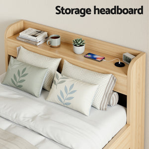 Single Bed Frame | 2 Storage Drawers | USB Ports | Wooden Slat Base | Natural