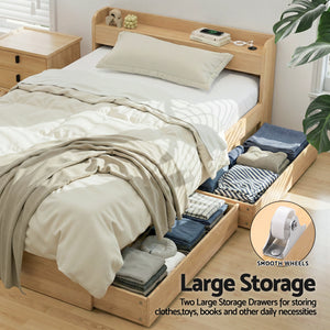 Single Bed Frame | 2 Storage Drawers | USB Ports | Wooden Slat Base | Natural