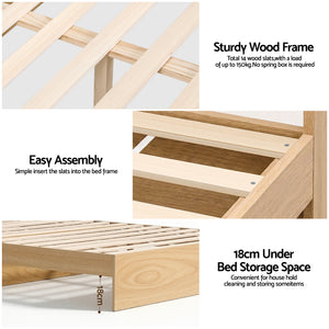 Single Bed Frame | 2 Storage Drawers | USB Ports | Wooden Slat Base | Natural