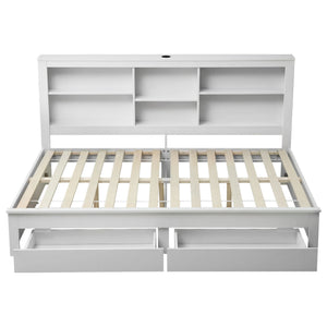 Artiss Noise-Free White Farmhouse Solid Wood Double Platform Bed Frame with Storage Headboard, Charging Station and Drawers for Bedroom and Apartment