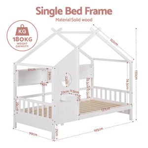 Kids Single House Bed Frame | Solid Wood Montessori | White