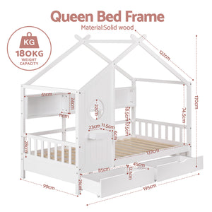 Kids Single House Bed Frame | Solid Wood | Storage Bookcase & 2 Drawers | White