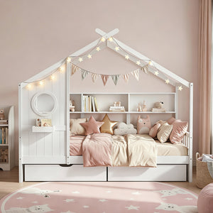 Kids Single House Bed Frame | Solid Wood | Storage Bookcase & 2 Drawers | White