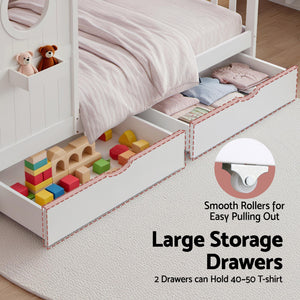 Kids Single House Bed Frame | Solid Wood | Storage Bookcase & 2 Drawers | White