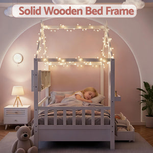Kids Single House Bed Frame | Solid Wood | Storage Bookcase & 2 Drawers | White