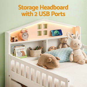 Single Bed Frame | 2 Drawers | USB Ports | LED Light | Solid Wood | White