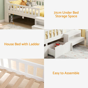 Single Bed Frame | 2 Drawers | USB Ports | LED Light | Solid Wood | White