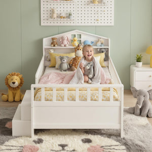 Single Bed Frame | 2 Drawers | USB Ports | LED Light | Solid Wood | White