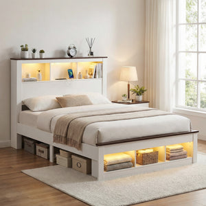 Double Bed Frame | Bookcase Headboard & Footboard | Charging Station | LED Light | White