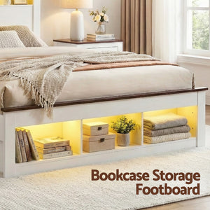 Double Bed Frame | Bookcase Headboard & Footboard | Charging Station | LED Light | White