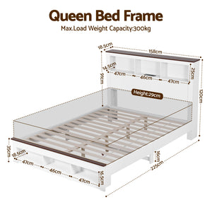 Queen Bed Frame | Bookcase Headboard & Footboard | Charging Station | LED Light | White