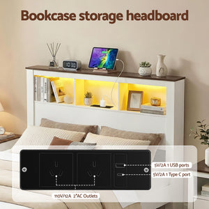 Queen Bed Frame | Bookcase Headboard & Footboard | Charging Station | LED Light | White