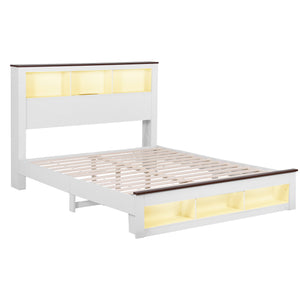 Queen Bed Frame | Bookcase Headboard & Footboard | Charging Station | LED Light | White
