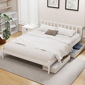 Bed Frame | Double Size Wooden Platform Bed with 2 Storage Drawers | White SOFIE