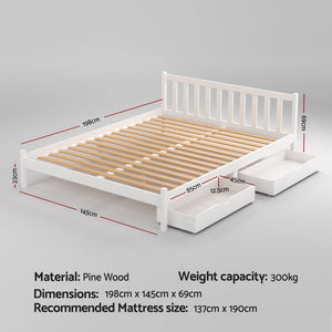 Bed Frame | Double Size Wooden Platform Bed with 2 Storage Drawers | White SOFIE
