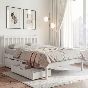Bed Frame | King Single Size Wooden Platform Bed with 2 Storage Drawers | White Finish
