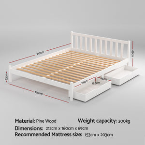 Bed Frame | Queen Size Wooden Platform Bed with 2 Storage Drawers | White Finish