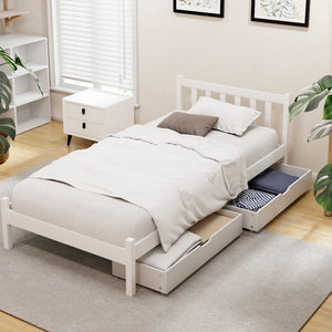 Bed Frame | Single Size Wooden Platform Bed with 2 Storage Drawers | White SOFIE