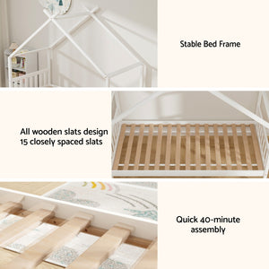Artiss Bed Frame | Wooden Base | Kids Single | Timber House | White