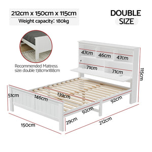 Artiss Bed Frame | Double Size | Wooden with 3 Shelves | Bed Head | White